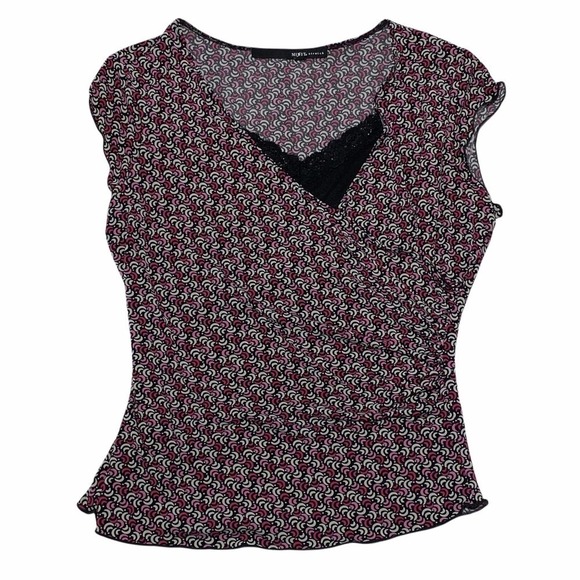 MIX It Stretch Black & Pink Geometric Print Short Sleeve Lace Blouse - Picture 5 of 12